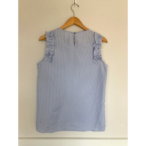 Betsey’s Boutique Blue White Stripe Embroidered Ruffle Tank Blouse Preppy Small - Picture 2 of 5